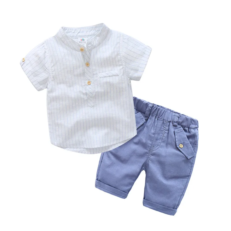 2024 Summer 8 10 12 Years Teenage Children Cotton Short Sleeve Striped Shirt+Knee Length Pants Shorts 2 Pcs Formal Kids Boys Set