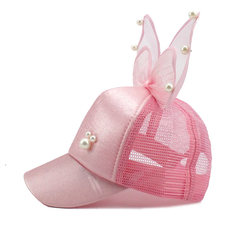 Big Bow Fashion Summer Kids Black White Pink Lace Floral ear Baseball Caps With Pearl Children Sun Hats Princess Mesh cap 2018