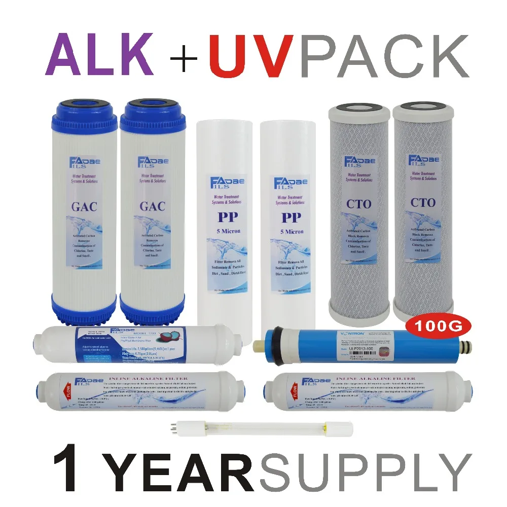 1 Year Supply Alkaline Ultraviolet Reverse Osmosis System Replacement Filter Set -11 Filters with UV Bulb and 100GPD RO Membrane