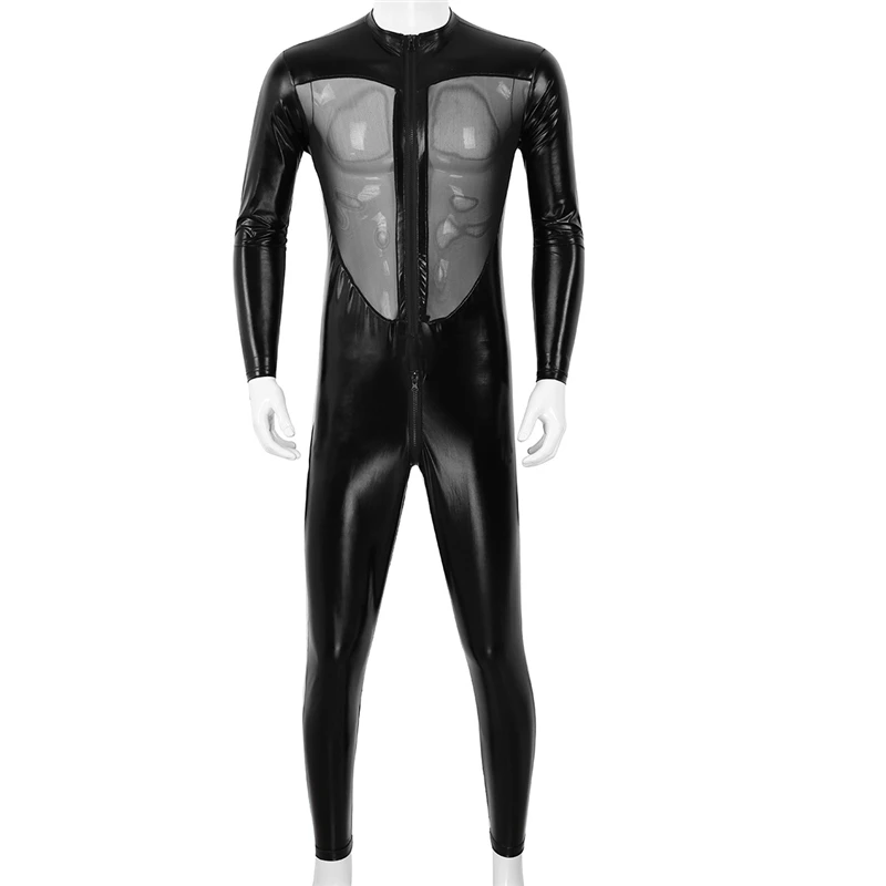 Halloween Black Unisex Sexy Metallic Shiny Zentai Catsuit Men Women Mesh Splice Full Bodysuit Cosplay Costume Latex Zentai Suit