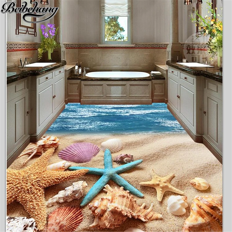 

beibehang Custom large-scale floor painted 3d three-dimensional summer beach shells 3D flooring tiles papel de parede wallpapers