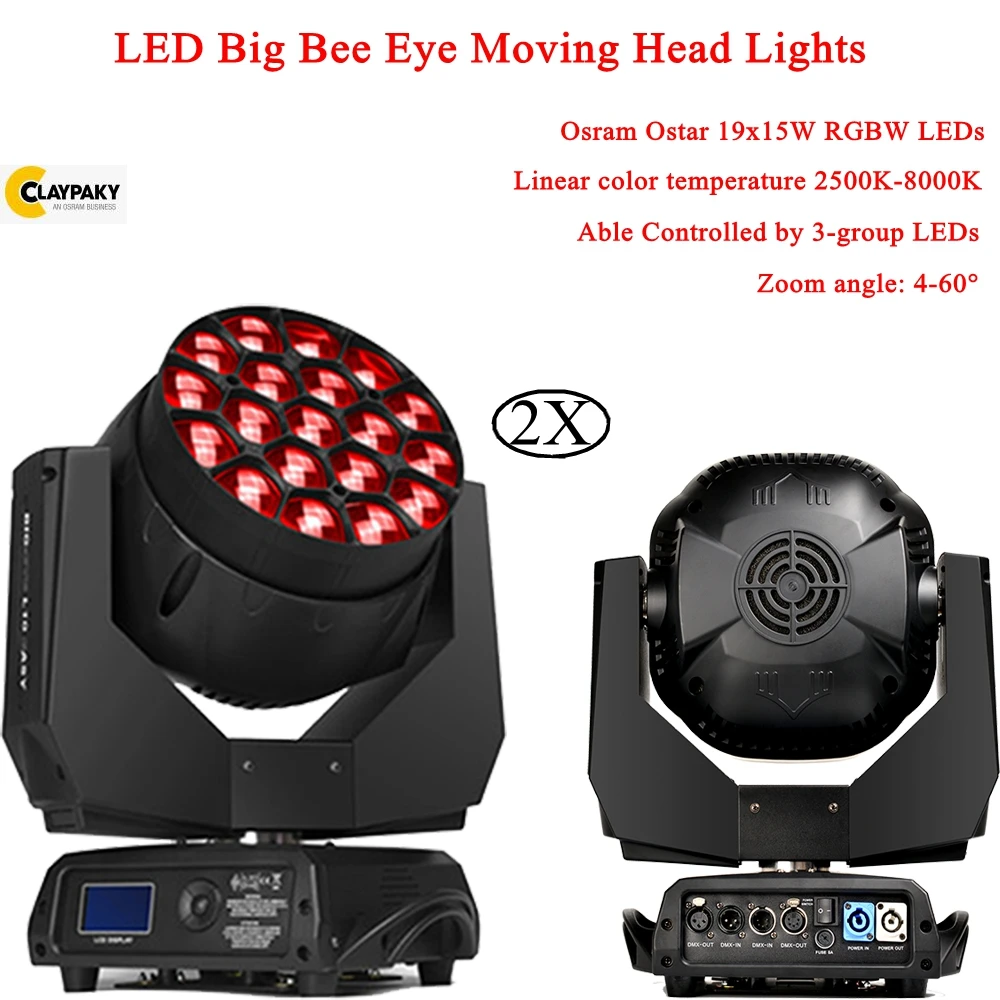 2Pcs/Lot 19x15W LED RGBW 4IN1 Zoom Beam Wash Light LED Moving Head Bee Eye Stage Lights Controller Disco DJ Bar Party Lamp