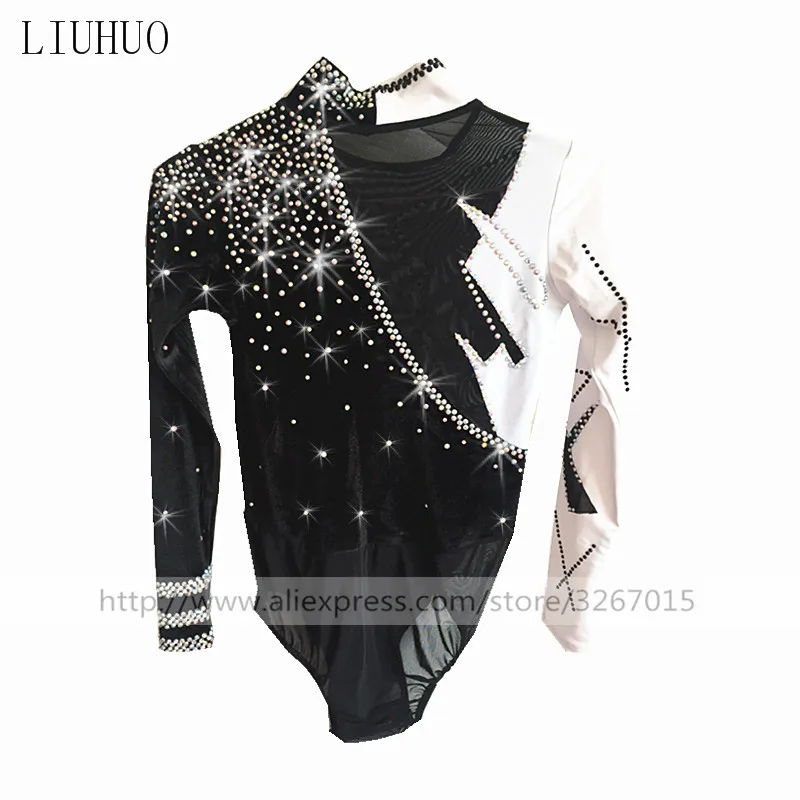 LUHUO Boys Men Ice Figure Skating Costumes Tops Show Collar Long Sleeve Black White Gymnastics Competition Dance Leotard Teens