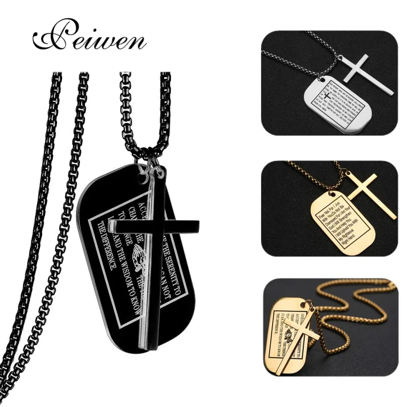 Military Style Dog Tags Cross Pendant Necklace Christian Lord's Prayer Bible Verse For Men Women Stainless Steel Charm Choker