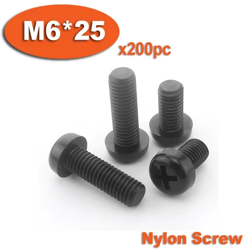 

200pcs DIN7985 M6 x 25 Black Plastic Nylon Pan Head Phillips Screw Cross Recessed Raised Cheese Head Screws