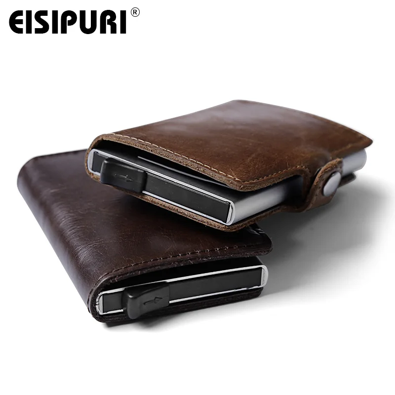 EISIPURI Men Prevents RFID information leakage Genuine leather mini wallet safe Multifunction Aluminum Automatic Pop Up Card