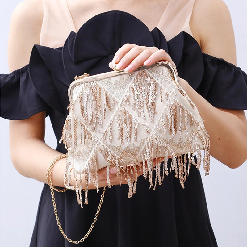 Elegant Champagne Lady Shoulder Bag Fashion Sequined Tassel Women Clutch Bag Female Metal Chain Handbag Party Purse ZD1196