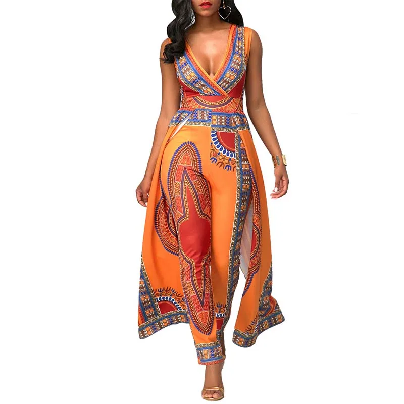 

Africa Clothing Printed Orange Ethnic Style Sexy Deep V-Neck Sleeveless Jumpsuit Women Rompers Bodycon