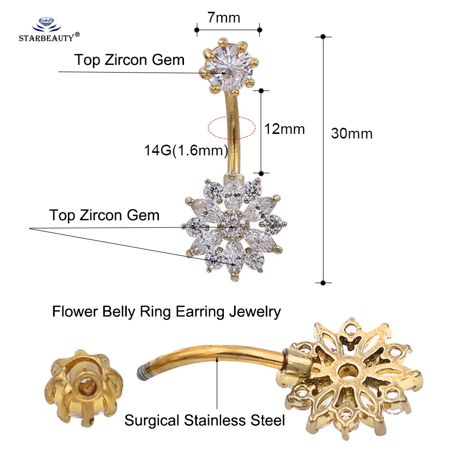 Starbeauty 1Pc 14G Crystal Snowflake Belly Button Piercing Belly Ring Earring Surgical Steel Navel Jewelry
