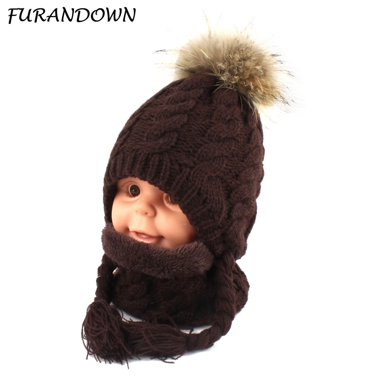 Fur Pompom Beanie Kids Baby Winter Hat Fleece Inside Ear Protection Crochet Cap Warm Knitted Hat And Scarf Set For Children