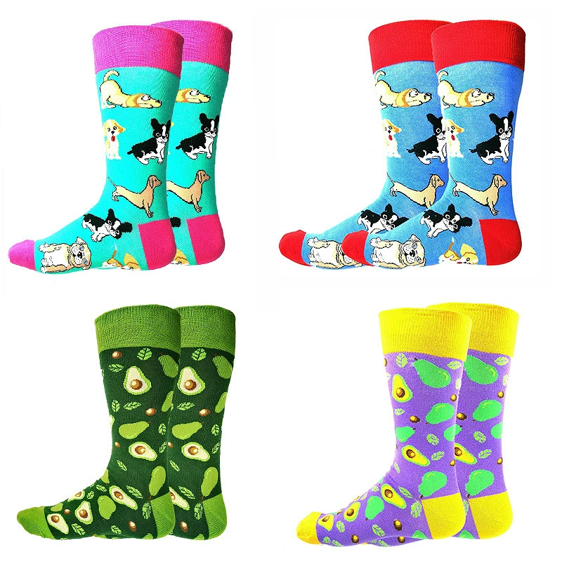 1 Pair Combed Cotton Men\'s Socks Harajuku Colorful Cartoon Cute Funny Kawaii Dog Cat Avocado Socks For Christmas Gift