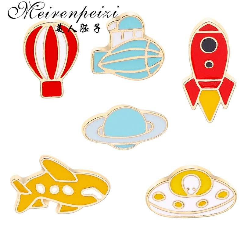 Meirenpeizi Pins and brooches Space Boat ,dolphin ,rocket pins hot air balloon pins Badges Hard enamel lapel pin jewelry