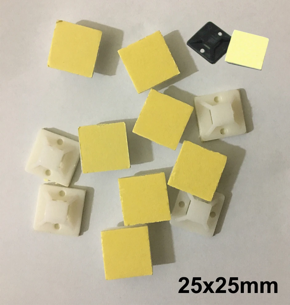 100pcs 25x25mm 25*25 White Black Nylong Square Plastic Yellow Self Adhesive Wire Zip Fixed Holder Cable Tie Mount Base