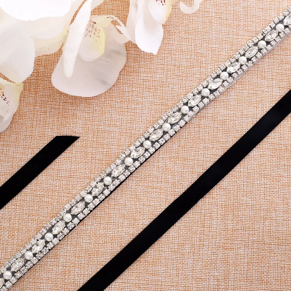 SESTHFAR  Silver Crystal Wedding Belt With Pearls Rhinestones Ribbons Bridal Belt Sash For Wedding Dress