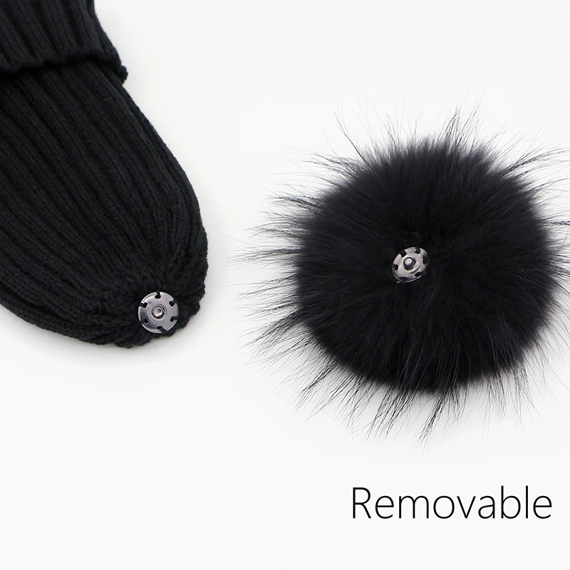 2017 Black Acrylic Winter Beanie Hat Women Real Silver Fox Fur Ball Hats Winter With Real Raccoon Fur Knitted Beanie Pom Pom Hat image 3
