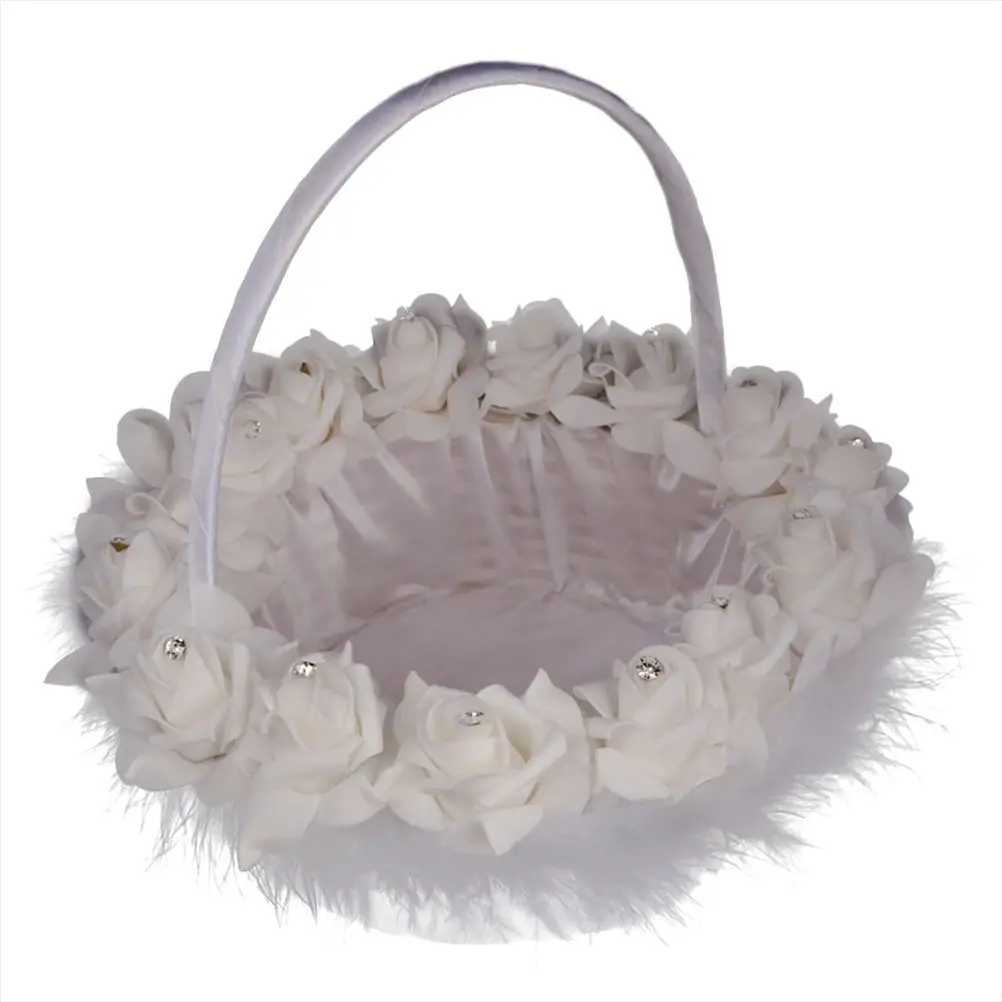 Rose Flower Girl Basket For Wedding Basket Decoration White Feather For Wedding Ceremony Party Decoration Bride