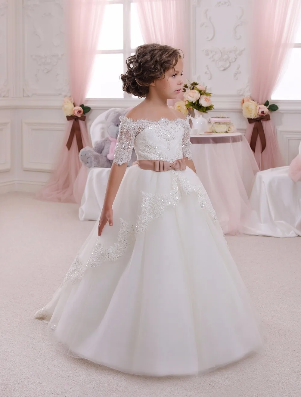 

White ivory bloemenmeisjes jurk Children First Communion Dresses for Girls Ball Gown Belt Pink Elegant Flower Girl Dress 2018