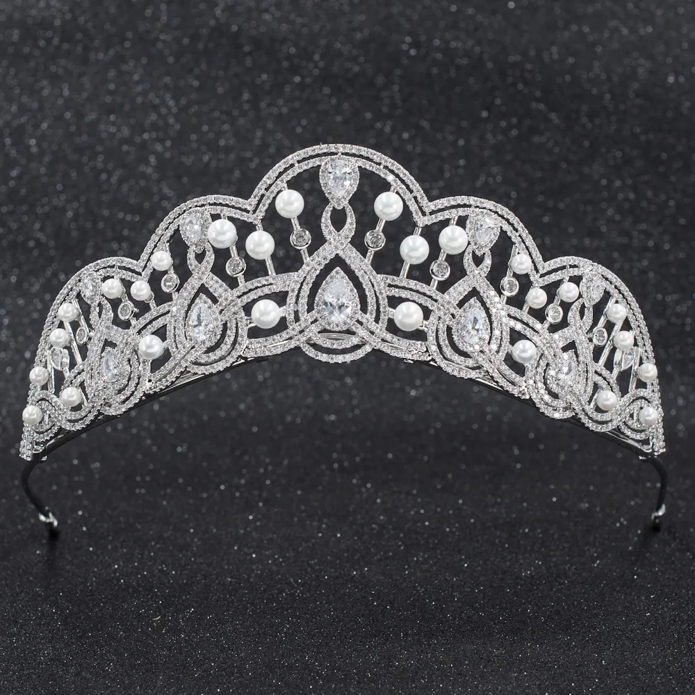 

3A Cubic Zirconia Tiara for Wedding, Crystals Bride Pearls Tiara Diadem for Women Prom Hair Jewelry Accessories CH10257