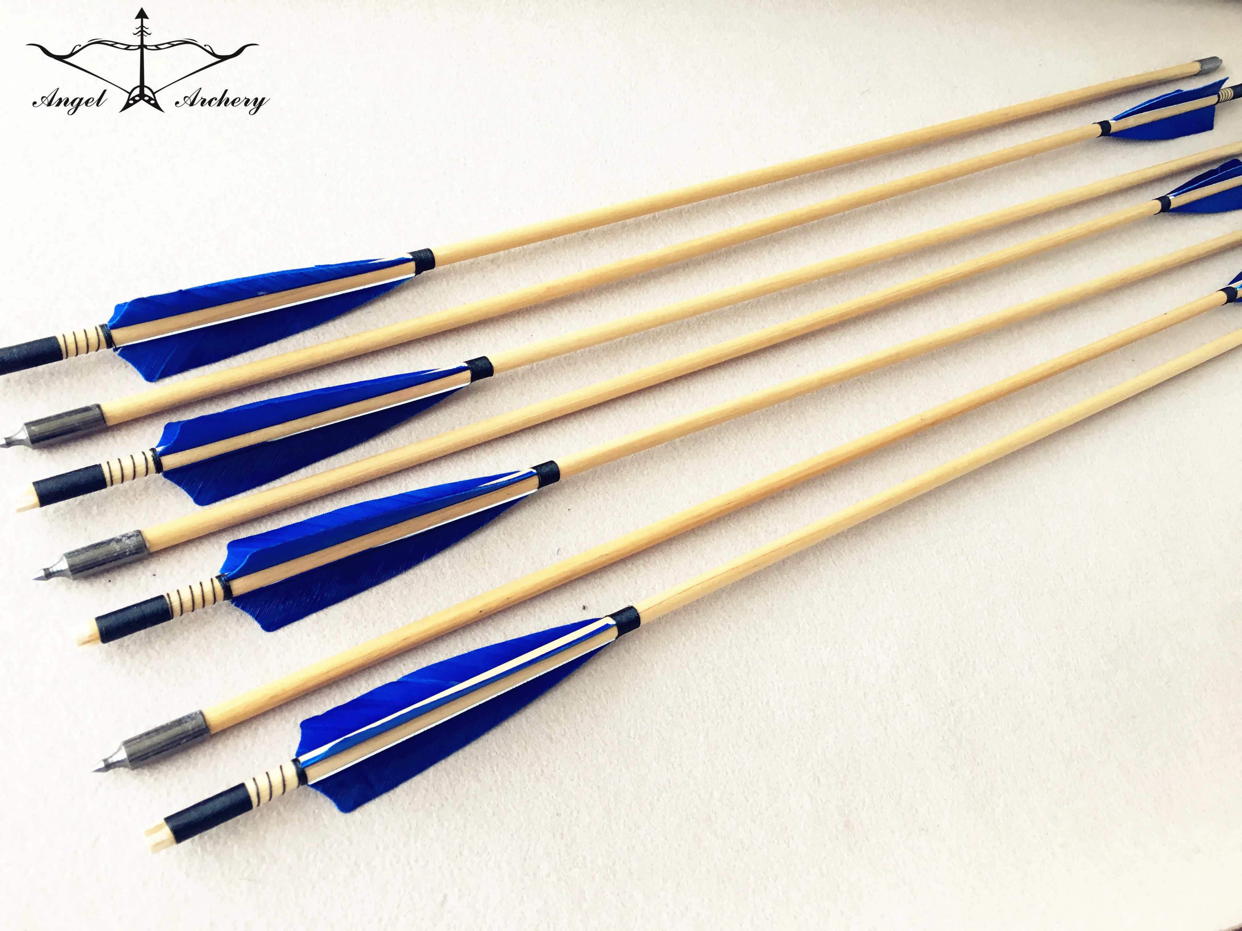 6PK/12PK Blue 5inch Feathers Wooden Arrows For Hunting Longbow Wood Arrow Handmade Ali Bow Fully Made By Hand 8.5mm Wooden Arrow