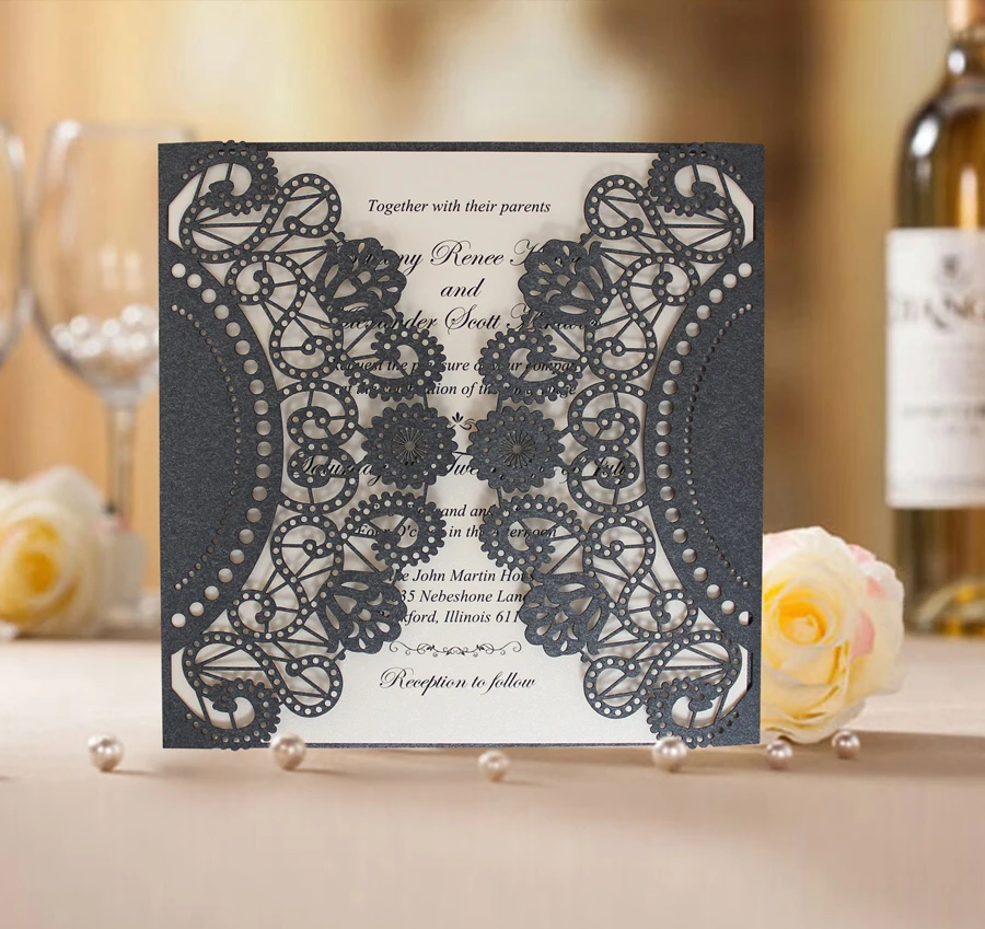 Black Lace Wedding Invitation Design; Black Invitation Cards with Ribbon Bow - Set of 50