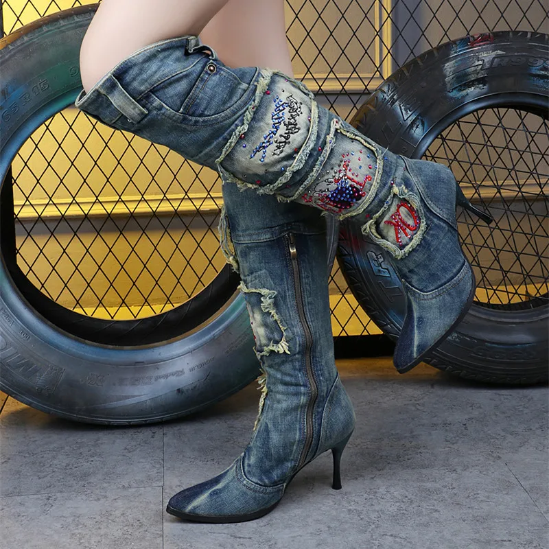 

Women Denim Boots Pointed Toe High Heel Knee High Boot Ladies Winter Warm Jean Botas Mujer Rubber Rhinestone Shoes 2024 New