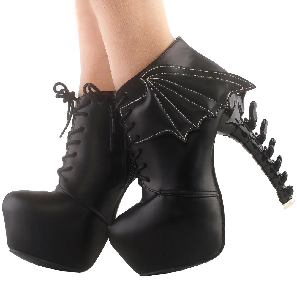 LF80658 Show Story Punk Two Tone Wings Lace Up Bone Heels Platform Ankle Boots