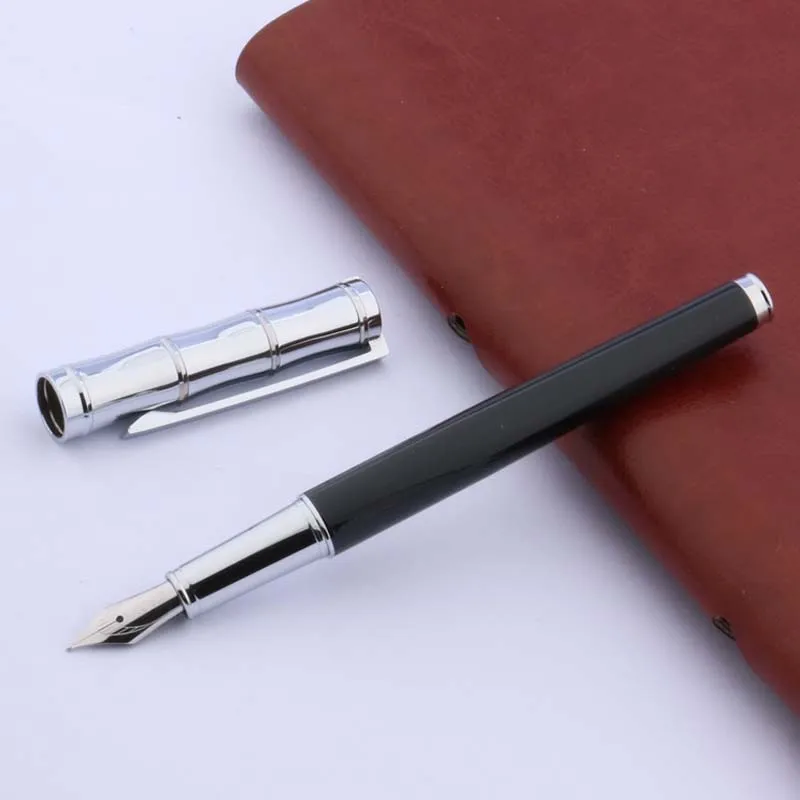 Caneta tinteiro clássica prateada imitando bambu para presente