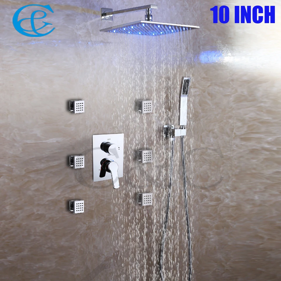 Spa At Home 6 PCS Whole Massage Body Jets Chrome Brass Rain 3 Colors LED Shower Head Set Bathroom Bath Shower Faucet Tap