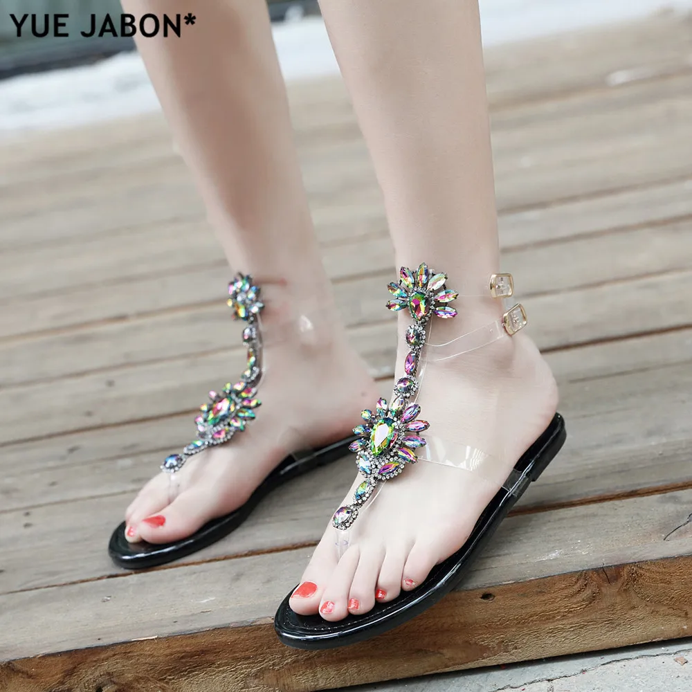 Sliver Woman Sandals Rhinestones Chains T-strap Comfortable Flat Crystal Sandals T-strap Thong Crystal Flip Flops Drop shipping