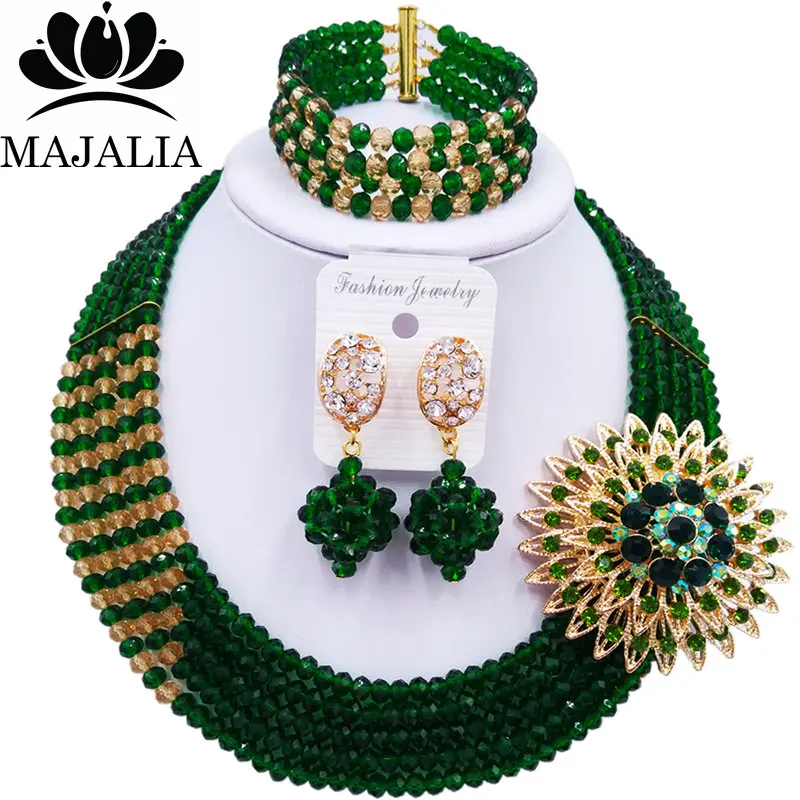 

Majalia Luxury African Jewelry Set Dark green Crystal Bead Bride Jewelry Nigerian Wedding African Jewelry Sets 5AS012