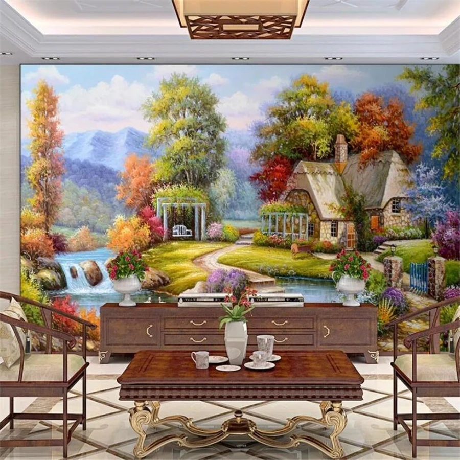 Custom wallpaper 3d murals at the foot of the woods in the painting oil painting landscape scenery creek living room wallpaper