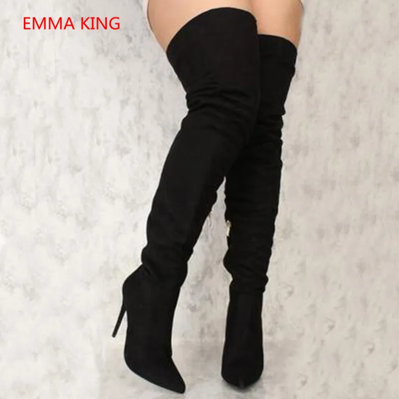 

Runway Women Black Over The Knee Boots Back Cross-Tied Hollow Design High Heels Autumn Winter Suede Long Boots Zapatillas Mujer