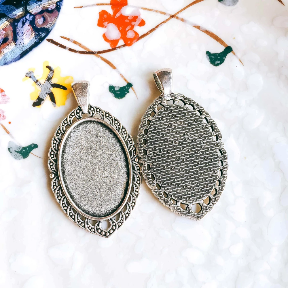 5pcs/lot 20x30mm Necklace Pendant Setting Antique Bronze Silver Color Glass Cabochon Blank Base Supplies for Jewelry T106