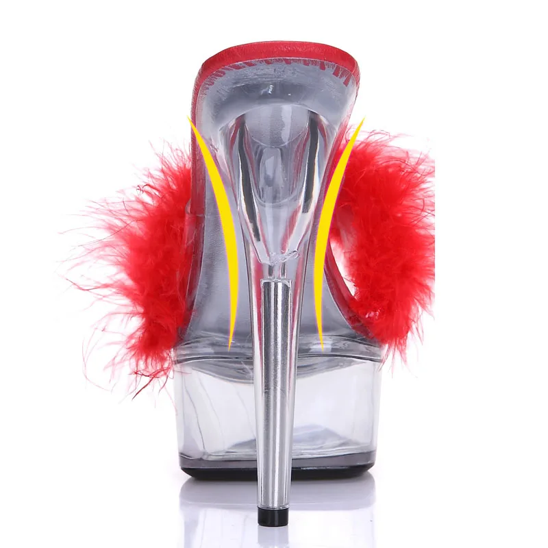 JOYHOPY Big Size 35-43 Sexy Super High Heels 15CM Transparent Crystal Sandals Slippers With Feathers Nightclub Sexy Woman Shoes