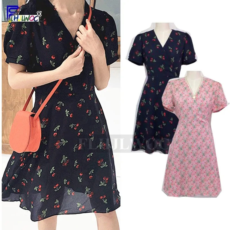 A Line Dresses Summer Women Korean Japan Preppy Style Clothes Girls Lady V Neck Pink Navy Blue Floral Print Vintage Dress