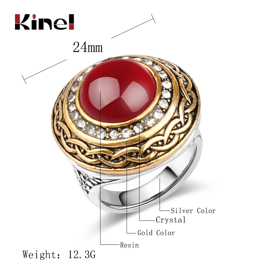 Kinel Luxury Vintage Wedding Ring For Women Gold Color Inlay Red Resin Crystal Fashion Round Big Rings Indian Jewelry