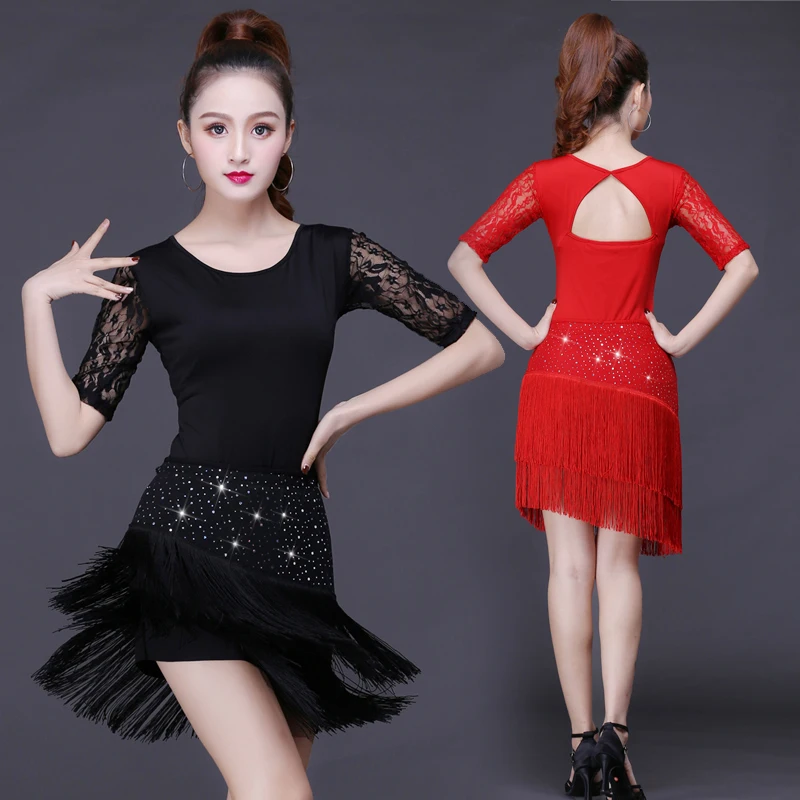 

2021 Women Competition Dance Clothes Sequins Costume Set with Sleeves Fringe Salsa Dresses Ballroom Dance Ladies Latin Dress