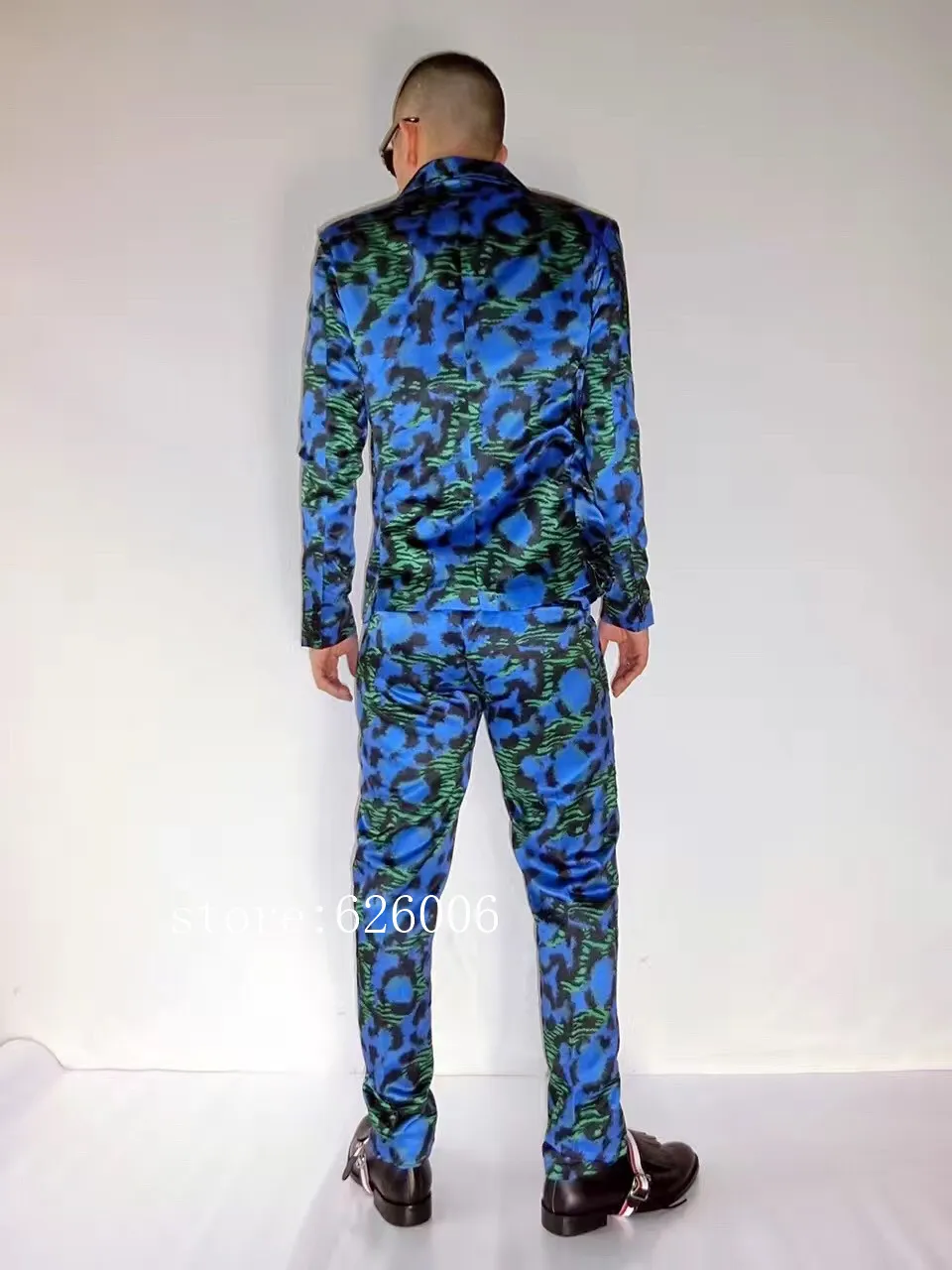 Personality Nightclub Male singer DJ dancer Blue Flower Suits Costumes Men's fashion suits set party show stage wear