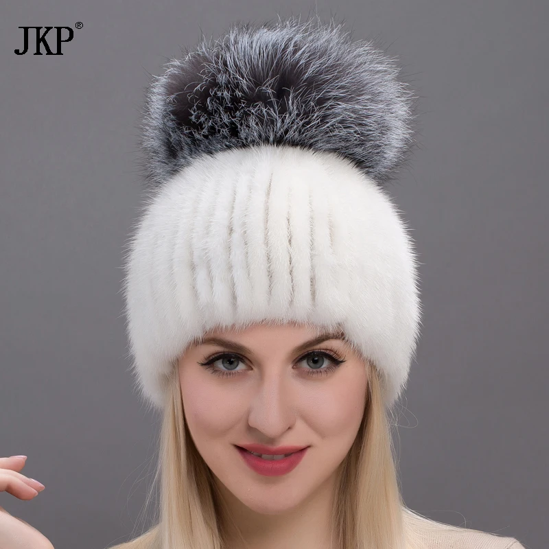 Real Mink Fur Hat For Winter Women Imported Knitted Mink Cap With Fox Fur 2022 New Hot Sale High Quality Female Beanies DHY17-04