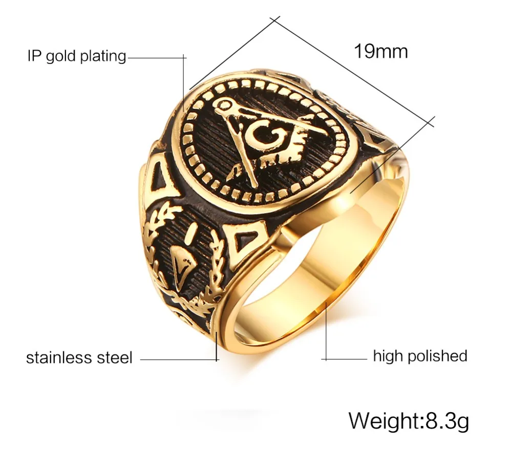 Punk New Men\'s Stainless Steel Masonic MASON Gold Color Tone Biker Ring Size 8-12#