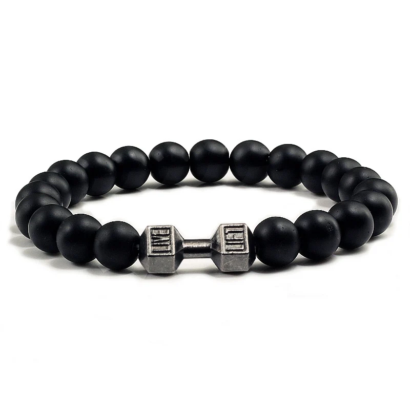 Natürliche Vulkanstein Armband Männer Matte Schwarz Lave Weiße Perlen Charme Hantel Strang Armbänder Frauen Barbell Fitness Schmuck