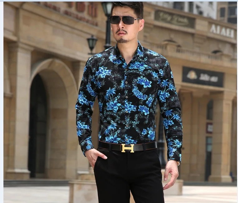 

High quality new autumn fashion flowers men cotton shirt long sleeve man casual floral printing shirt