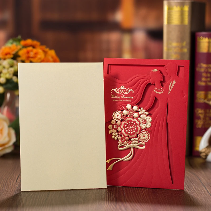 1pcs Red Gold Laser Cut Wedding Invitations Card Bride and Groom Elegant Greeting Card With Envelopes Wedding Party Decorations