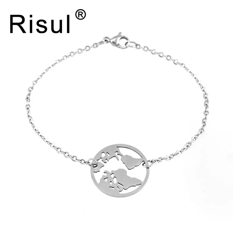 Risul matte Stainless steel jewelry world map pendant bracelet mini small earth charm Thin Rolo chain women bracelets