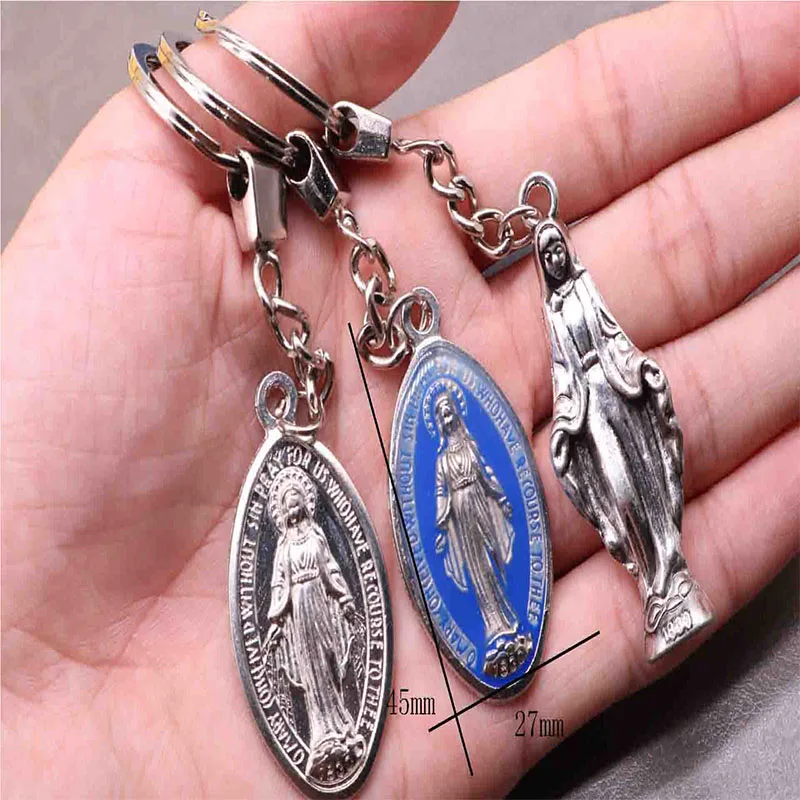 Catholic Blue Maria Keychain, Blue Yirenci Virgin Mary Key Chain Jewelry Key Chain, Jesus Cross Car Keyring Gift