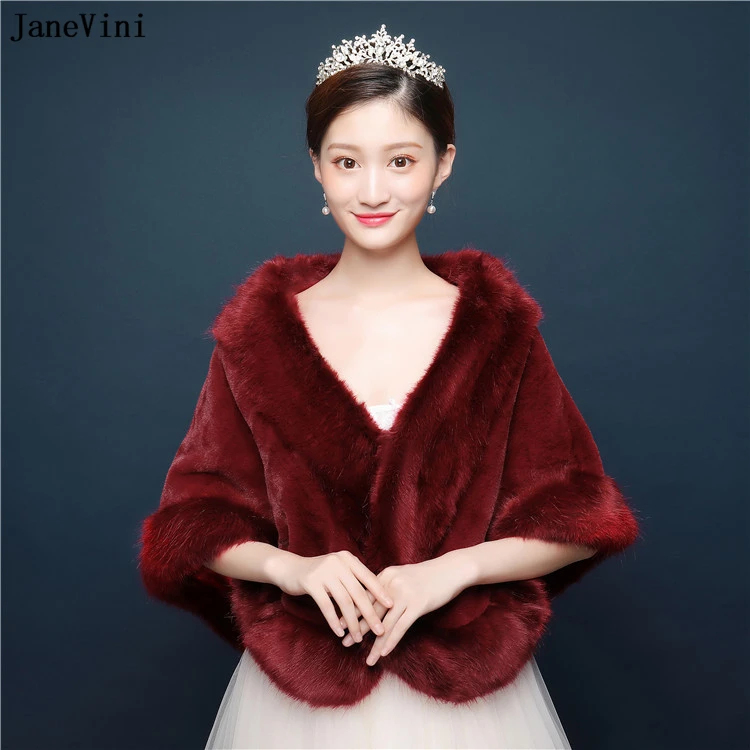 

JaneVini 2019 Burgundy Winter Faux Fur Bridal Wraps Wedding Cloak Bride Coat Shawls Jackets Women Warm Stoles Bolero De Mariage