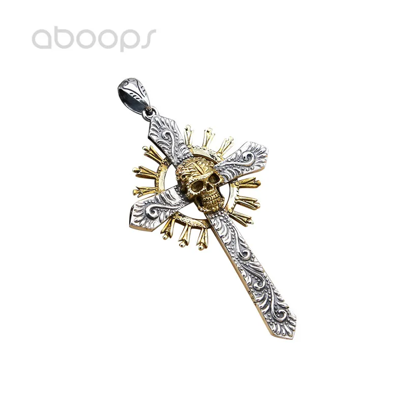 Gothic 925 Sterling Silver Cross Pendant with Golden Skull Head for Men Boys,Free Shipping