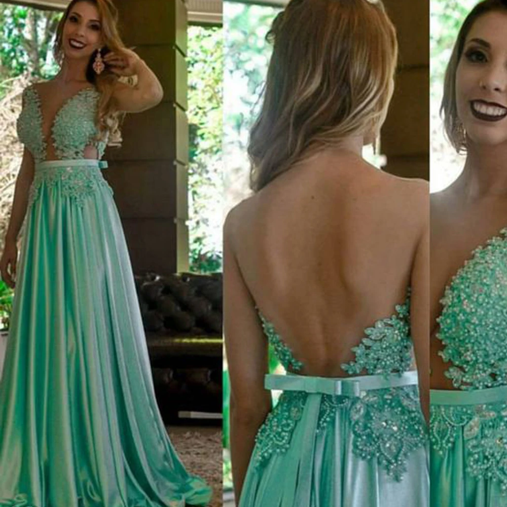 Vestidos para graduación de color verde, Apliques de encaje con cuentas, perlas, línea a, gasa, largos, de noche, formales