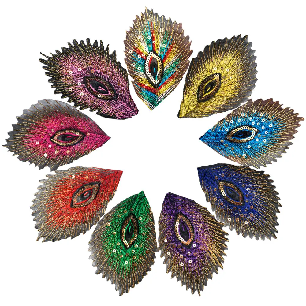 9PCS Rainbow Peacock Feathers Phoenix Sequined Mesh Embroidered Sew Iron On Patches Badges For Dress Shirt DIY Appliques Decor