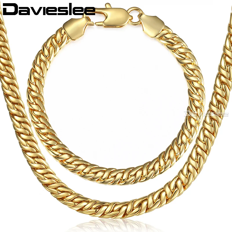 

Davieslee 7mm Necklaces Bracelets Set for Men Women Yellow Gold Color Rombo Herringbone Chain Gift Fashion Jewelry Set DLGS283